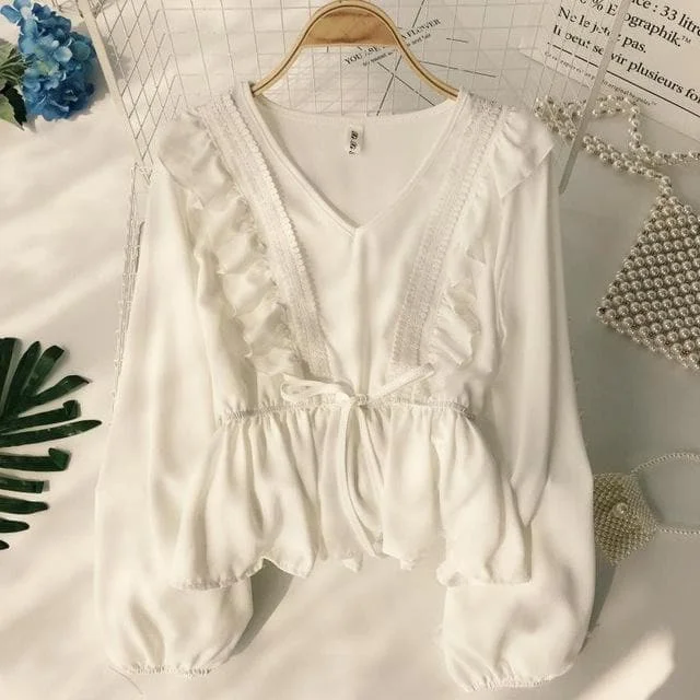 6 Colors Drawstring Sash Ruffles Women Blouse SP14785