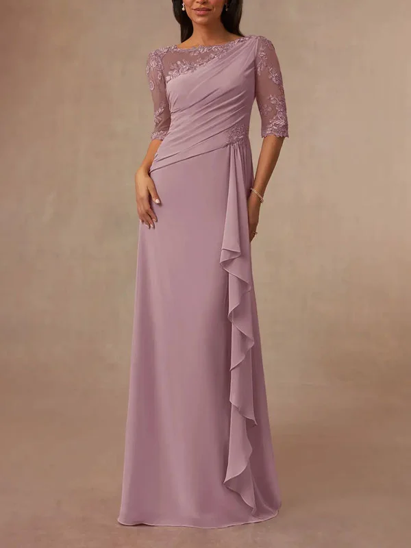 Boatneck Lace Chiffon Floor-Length Dress