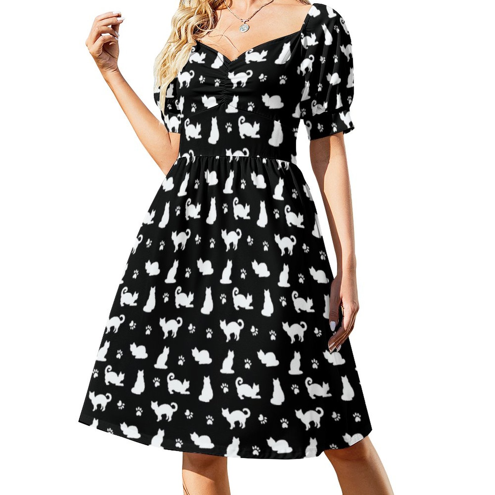 SFNEEWHO Black Cats And Paw Prints Pattern Dress Women Boho High Waist Flared Puff Sleeve Cute Sweetheart Midi Dress