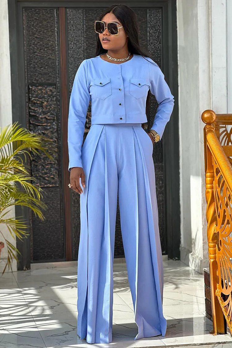 Button Up Long Sleeve Crop Top Pleated Wide Leg Pants Matching Set - Light Blue