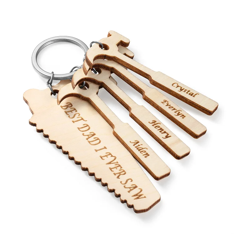 Personalized Tools Wood Keychain Engrave 4 Names Gifts for Dad