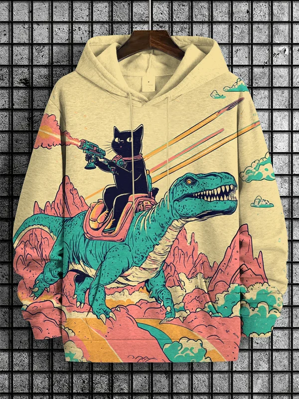 Men's Dinosaur And Cat Fight Together Art Print Hooded Sweatshirt