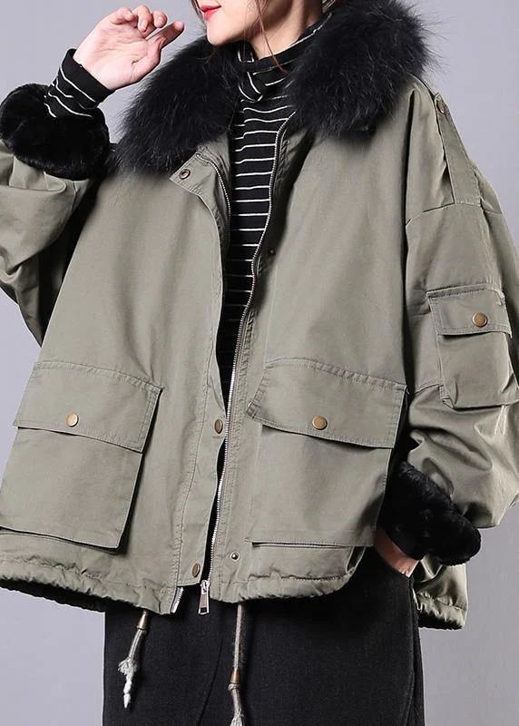 2022 army green casual outfit oversize snow jackets pockets faux fur collar winter coats