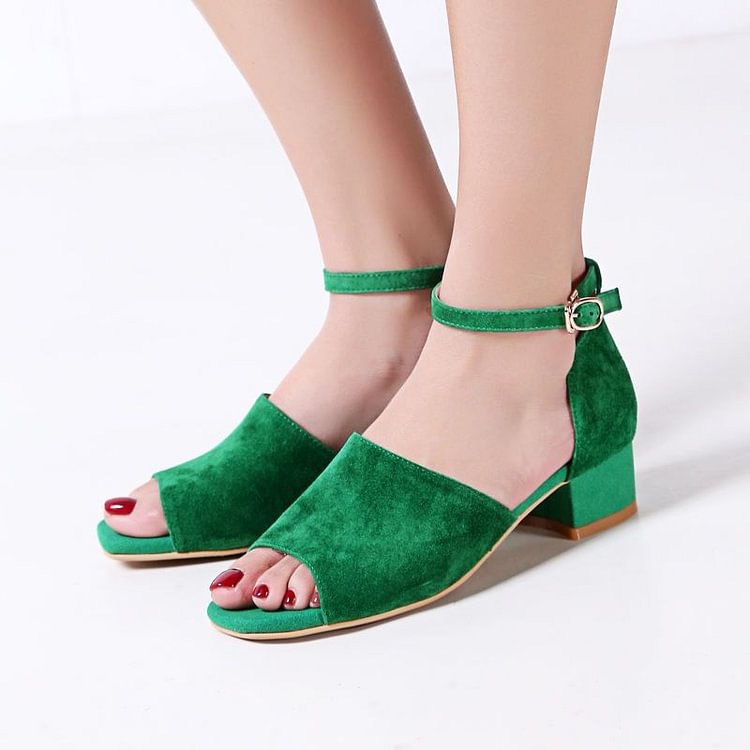 Green Chunky Heel Sandals Peep Toe Block Heels Ankle Strap Sandals |FSJ Shoes