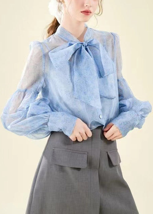 Italian Blue Ruffled Lace Up Print Tulle Patchwork Chiffon Dresses Fall
