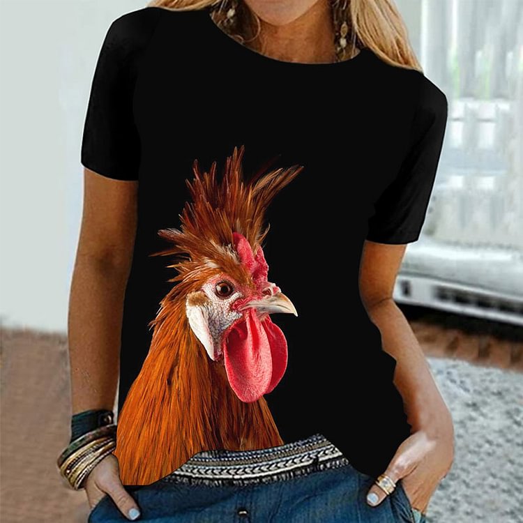 Vefave Casual Rooster Print Short Sleeve T-Shirt