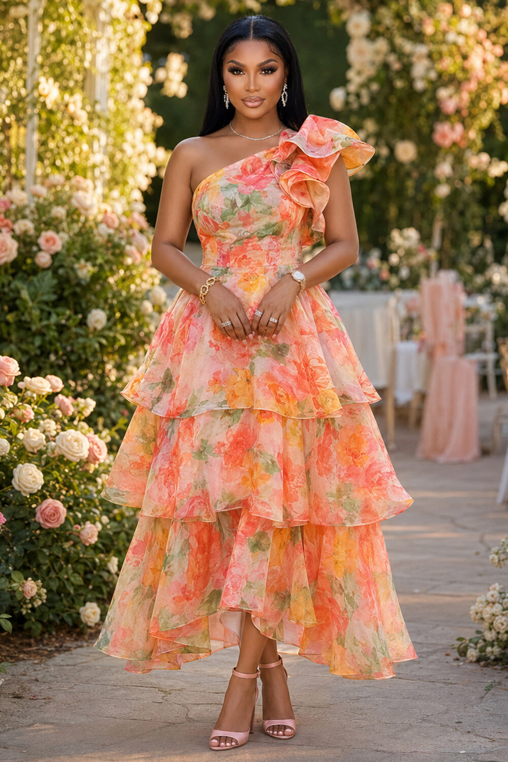 floral orange dress Women's Worth Showing Off & Orchid Pink Tie Back Maxi | Size: L Hand Wash Cold Petal and Pup Women's Madeira