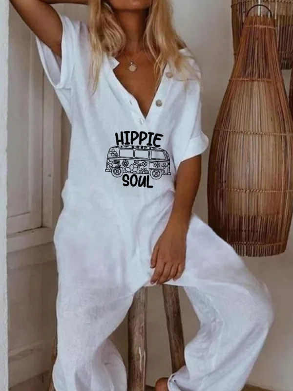 Letter cotton and hemp printed jumpsuit