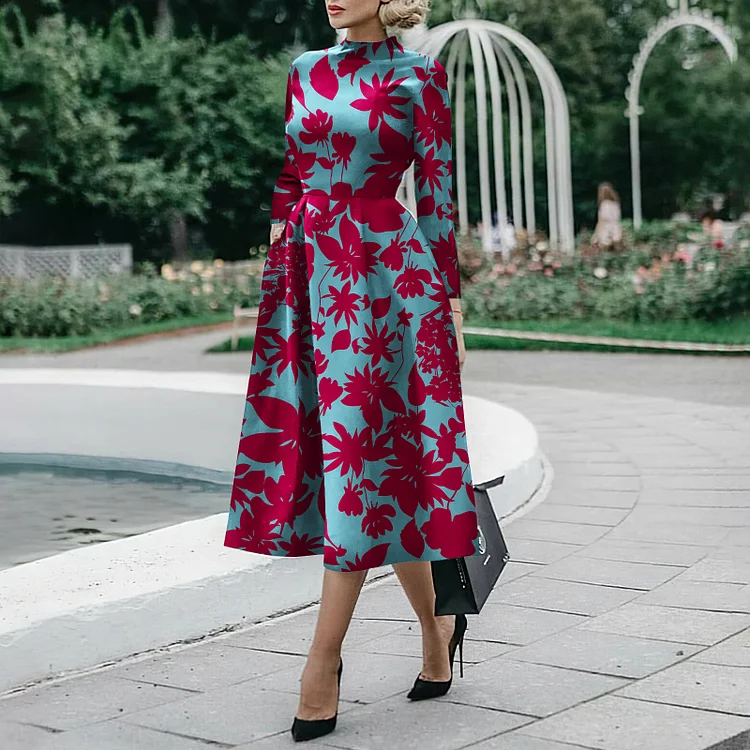 Vefave Red Flower High Waist Pocket Midi Dress