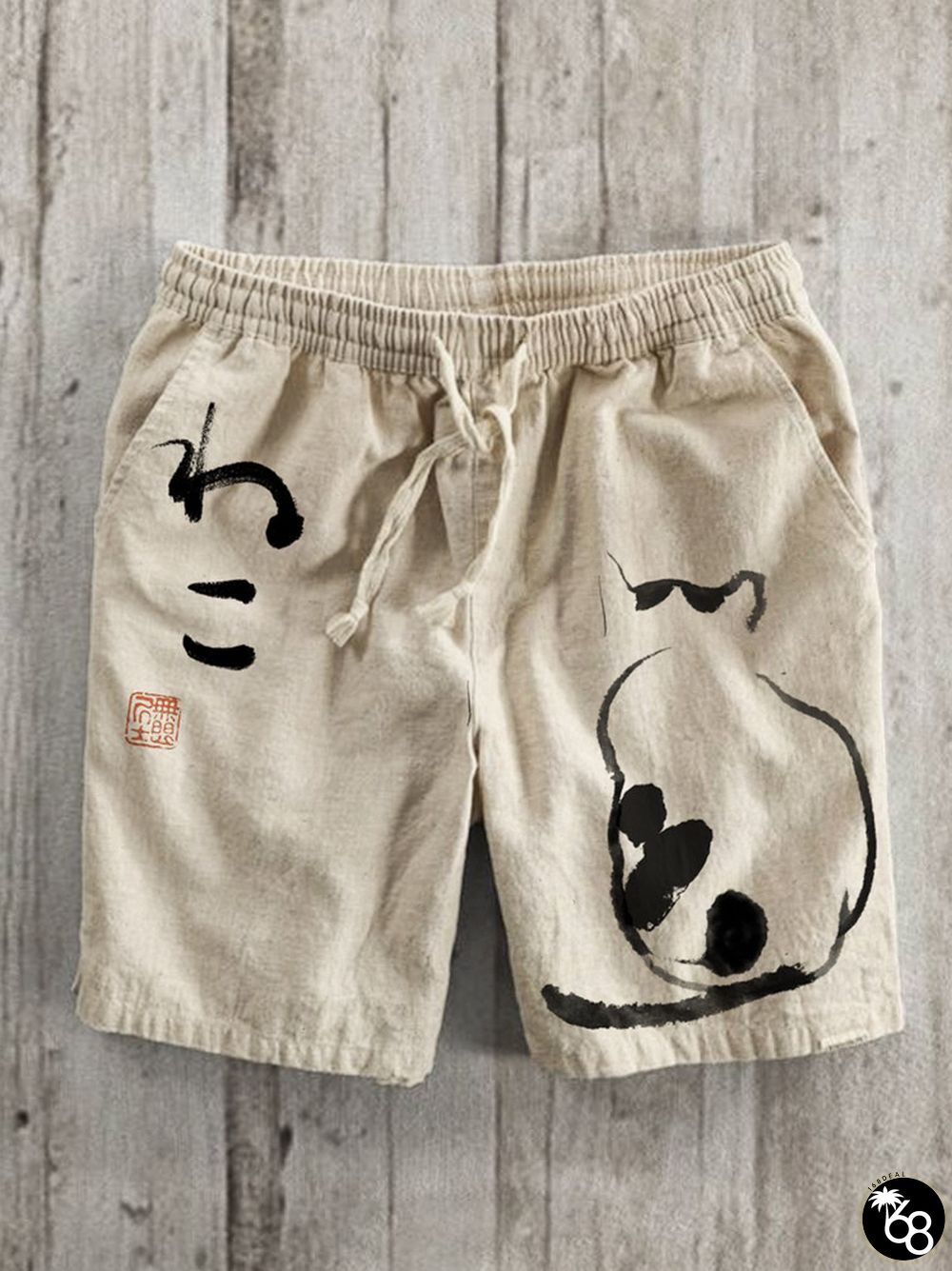 Japanese Art Cat Print Linen Blend Shorts | 168DEAL