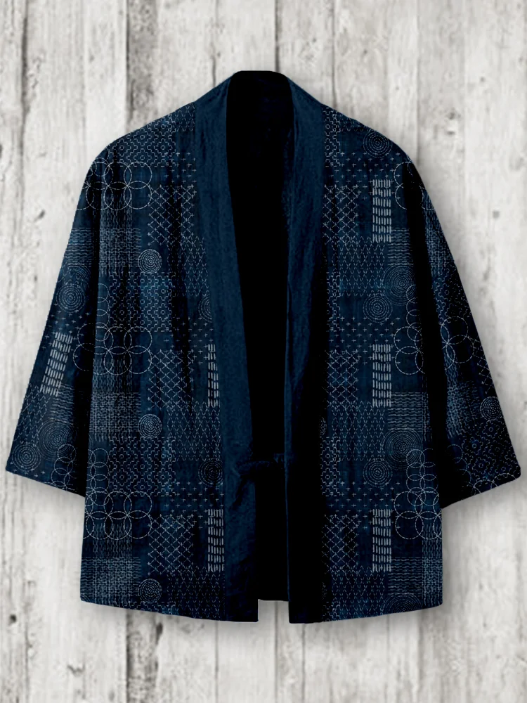 Comstylish Japanese Boro Sashiko Art Linen Blend Kimono Cardigan