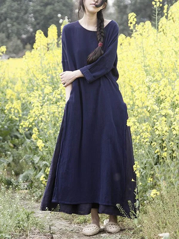 Roomy Pure Color Split-Side Round Neck Dress