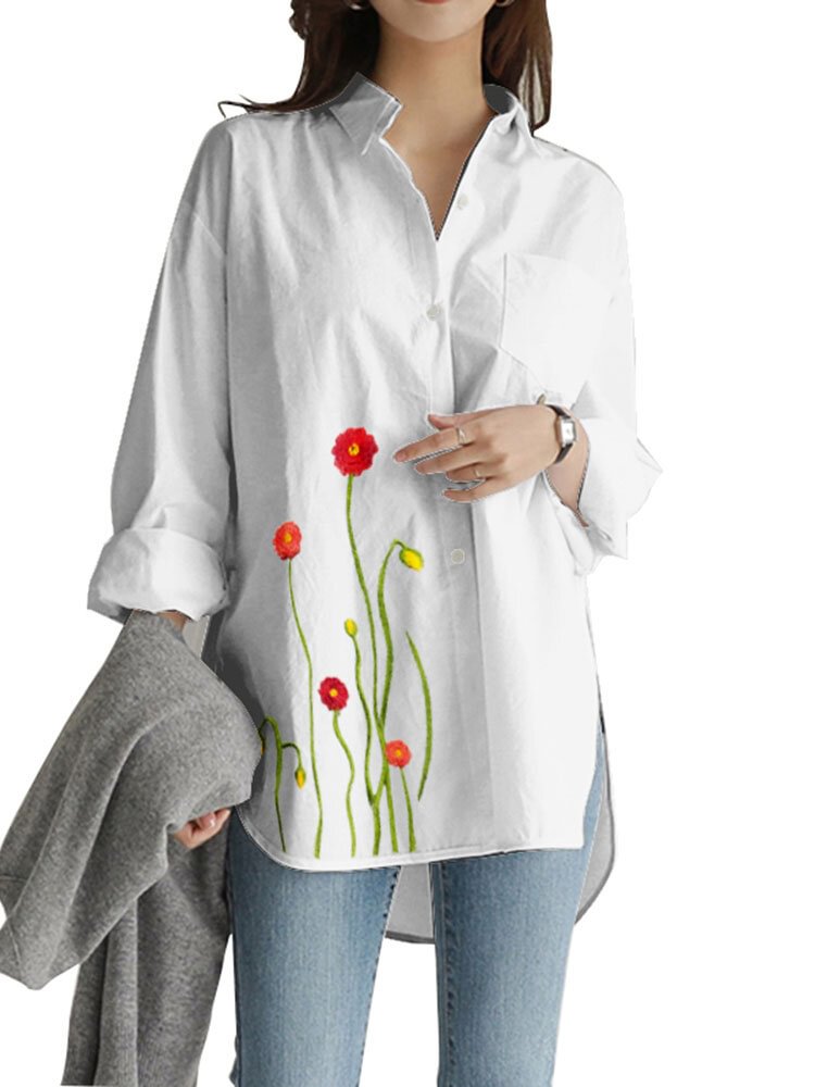 Flower Embroidery Button Splited Casual Shirt For Women P1771971