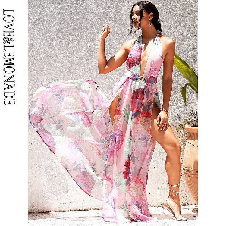 Sexy V-Neck Big Backless A-Line Split Pink Flower Print Chiffon Beach Maxi Dress LM83488 - BlackFridayBuys