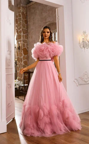 Lussooy Romantic Pink Off-the-shoulder Flower Layered Couture Evening Dress