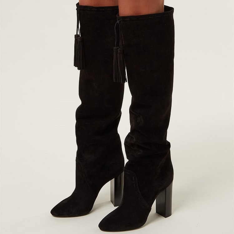 Black Chunky Heel Boots Suede Tassel Knee-high Boots |FSJ Shoes