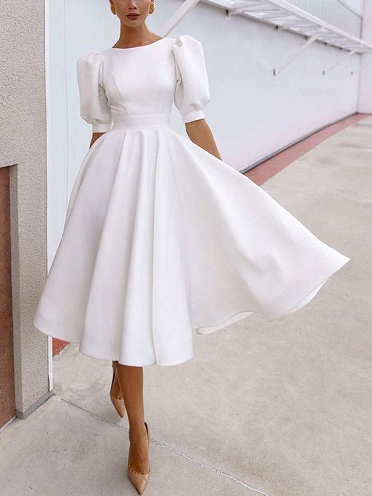 Glam Cutout Back Solid Puff Sleeve Midi dress P12117