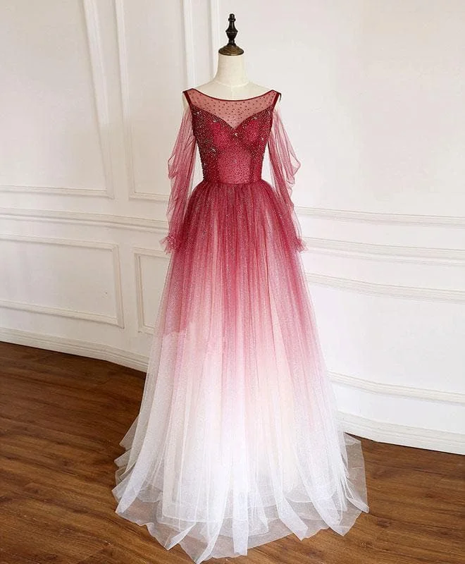 Burgundy Round Neck Tulle Long Prom Dress Burgundy Evening Dress A009