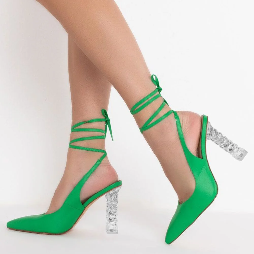  Green Leather Pointy Toe 4'' Chunky Heel Lace Up Sandals Nicepairs