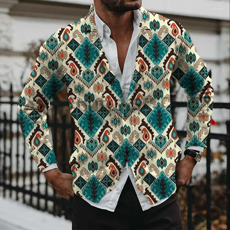 Men's Casual Retro Ethnic Printed Knitted Button Cardigan