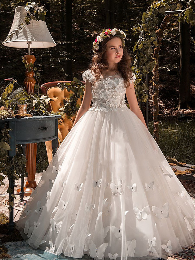Dresseswow Princess Short Sleeve Jewel Neck Ball Gown Flower Girl Dress Tulle With Lace Appliques