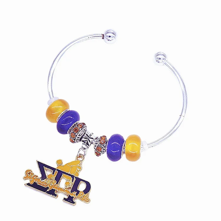 Rhinestone Decorated Crystal Bracelet Yellow Blue Beaded Greek Letters SIGMA GAMMA RHO Pendant Cuff Bangle