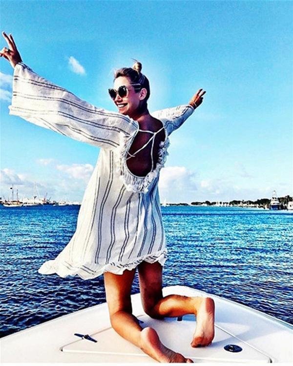 casual striped long sleeve backless vacation mini dresses p114092