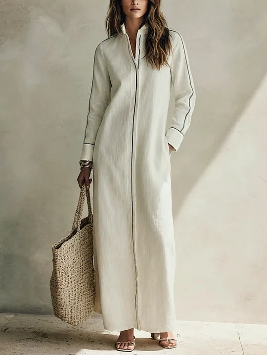 Women's Casual White Long-sleeved Woven Maxi Dress MD