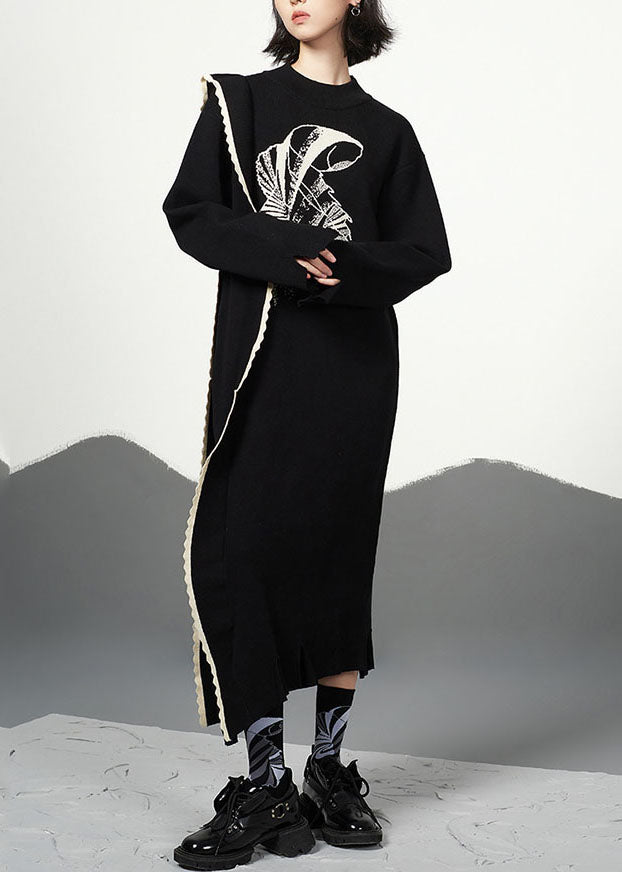 Jacquard Knitted Long Sleeve Dress Black
