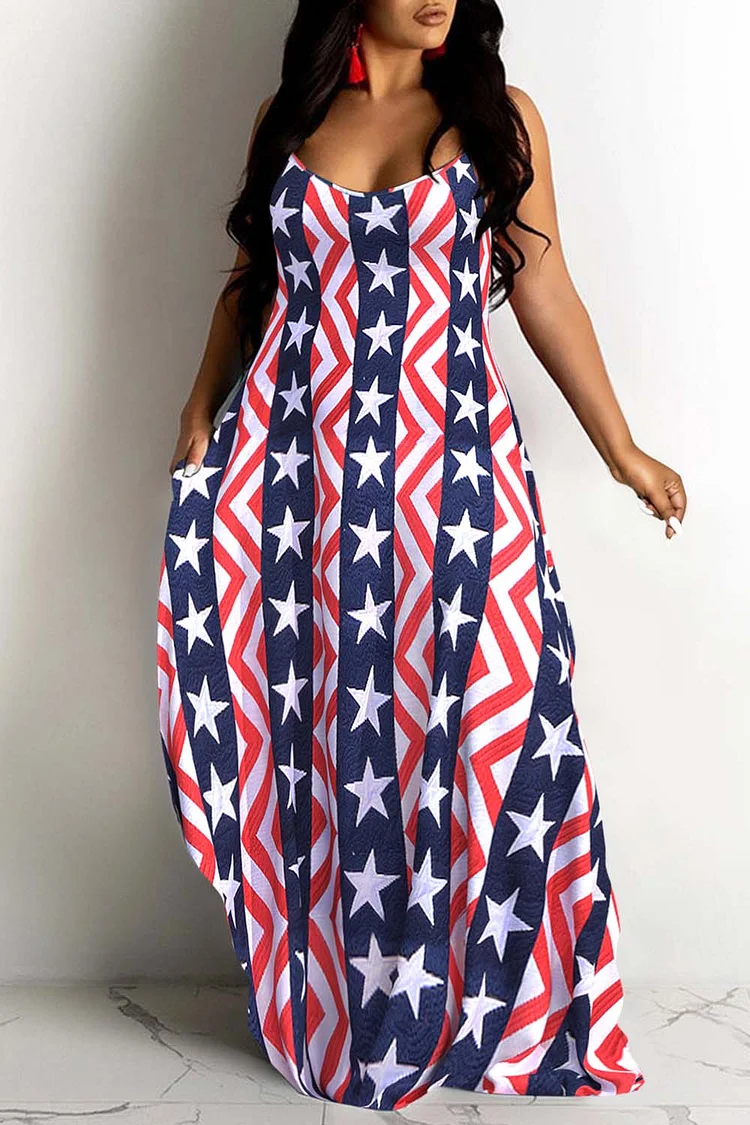 Plus Size Daily Colorblock Stars All Over Print Cami U Neck With Pockets Loose Maxi Dresses