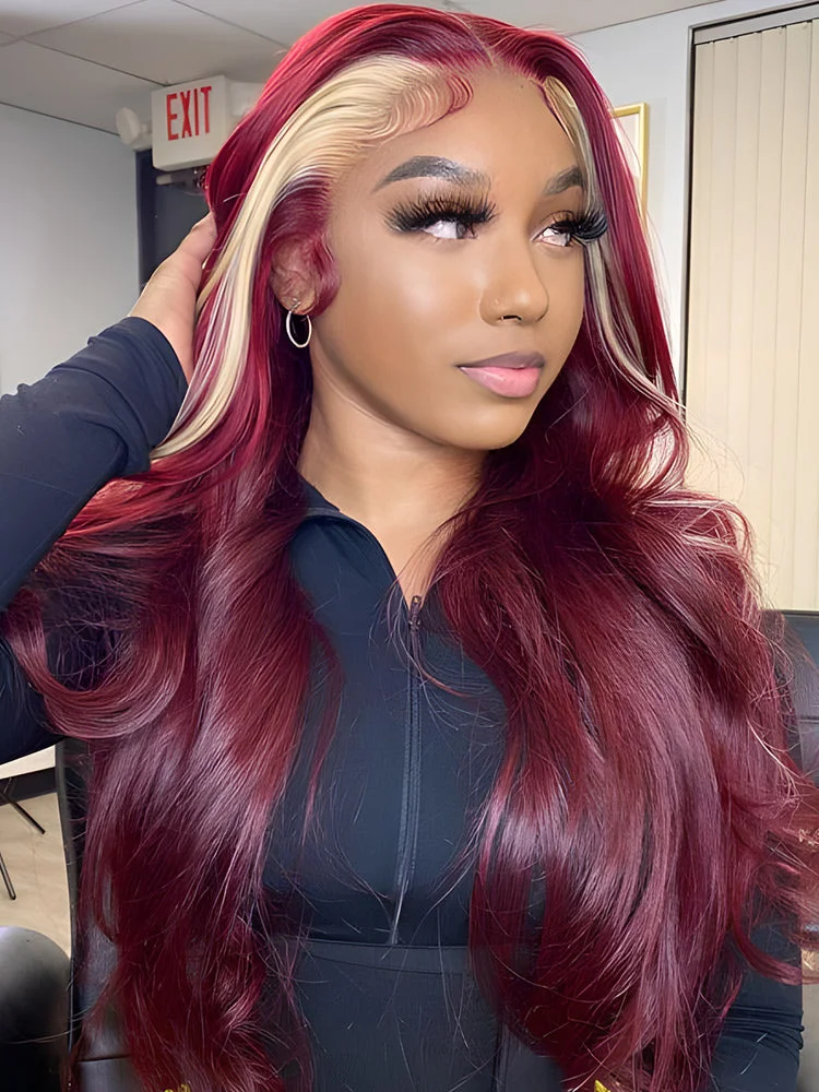 Burgundy Color Straight Hair With Blonde Skunk Stripe 13x4 Lace Front Wig Highlights Ombre Hair