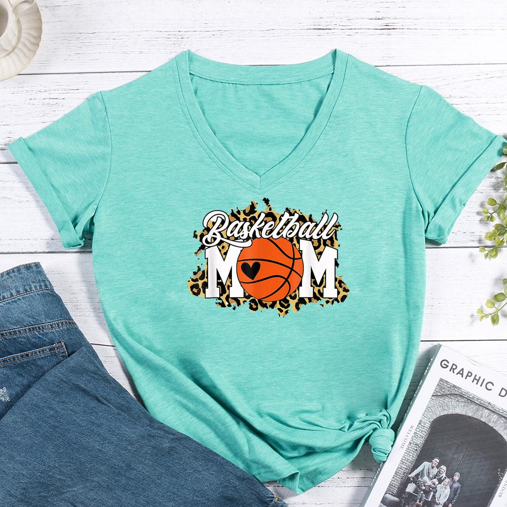 Basketball Mom Leopard V-neck T Shirt-Guru-buzz