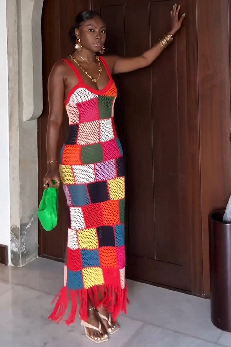 Crochet Colorblock Plaid Fringed Hemline Vacation Slip Maxi Dresses-Red [Pre Order]