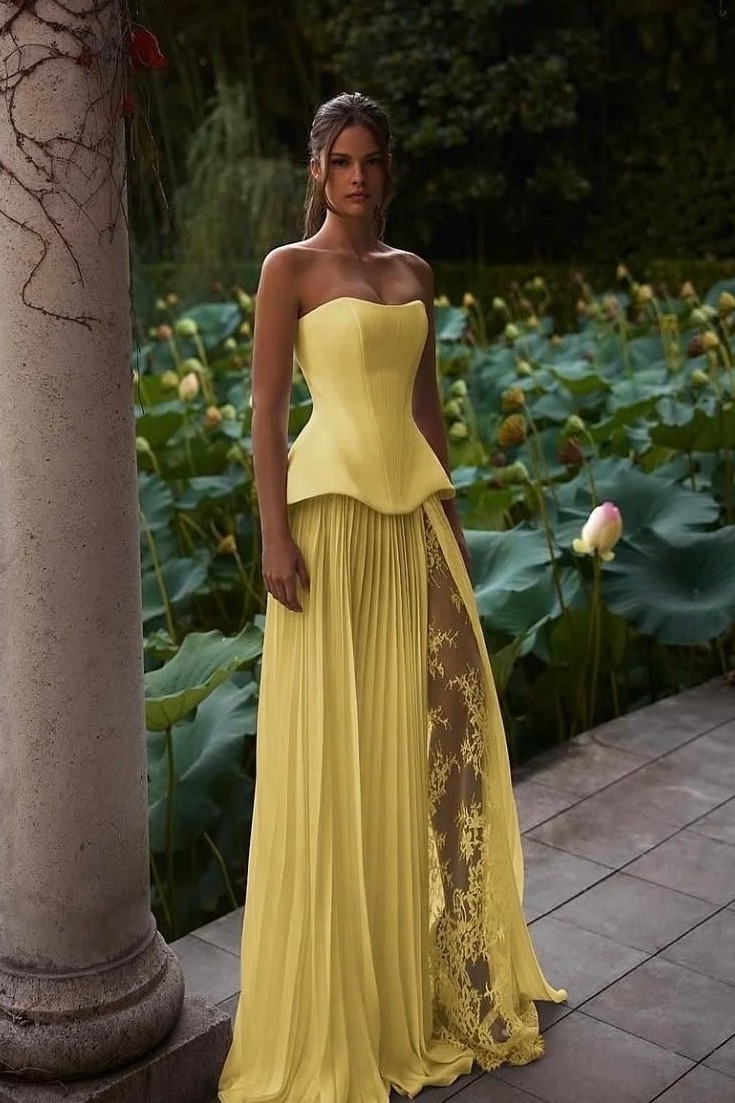 Lvs&Broner Yellow Strapless Sleeveless Long Lace Split Prom Dress With Ruffles
