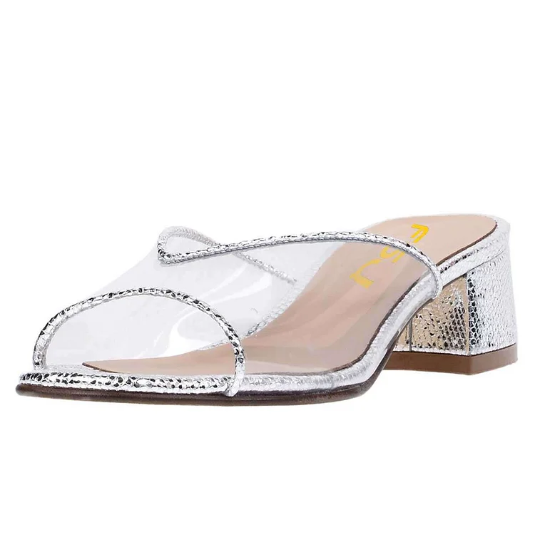 Silver Open-Toe Transparent PVC Mules Shoes Block Heel Sandals |FSJ Shoes