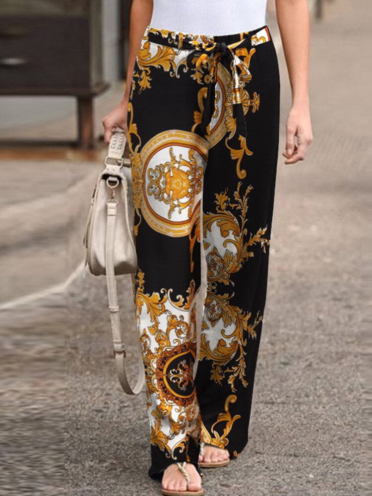 Tribal Pattern Elastic Waist Pants with Belt