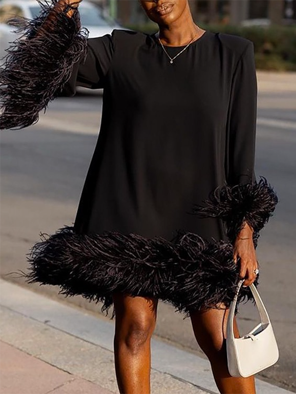 Feathers Solid Color Long Sleeves Loose Round-Neck Mini Dresses