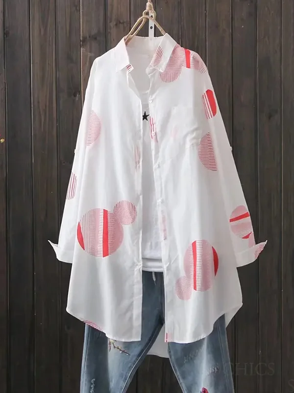 Long Sleeves Loose Polka Dot Printed Lapel Shirts Tops