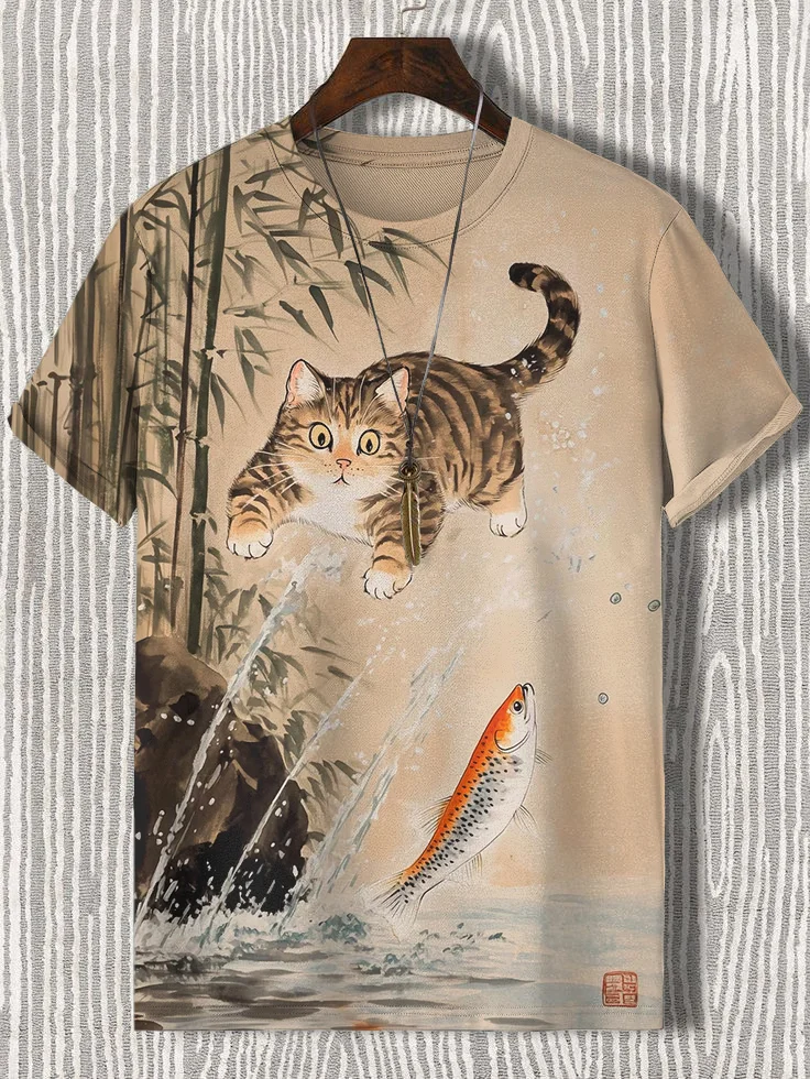 Men's Zen Inspired Natural Cat Catching Fish Japanese Art Print Casual T-Shirt