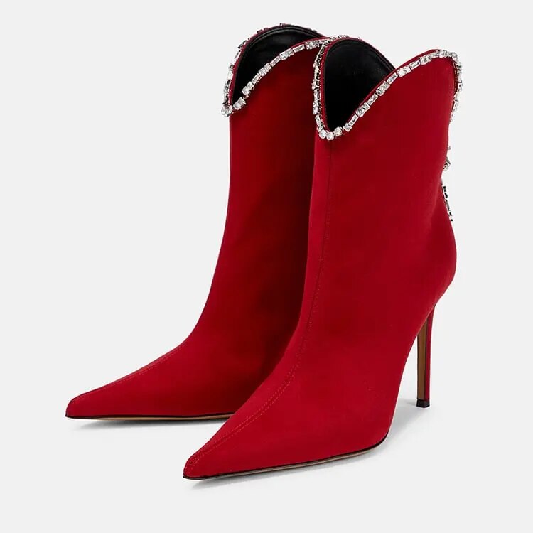 TAAFO Red Stiletto Rhinestones Boots Pointed Toe Heeled Suede Ankle Booties Ladies Shoes