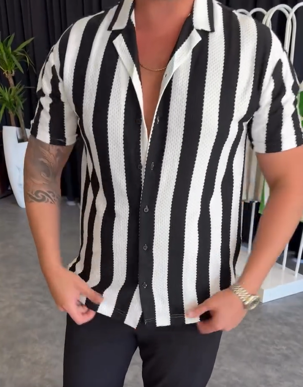 Lapel Striped Short Sleeve Top