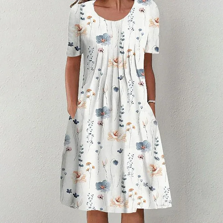 Floral Print Pocket Round Neck Midi Dress