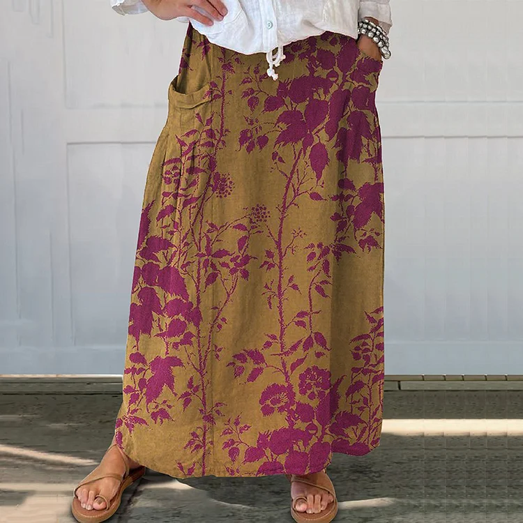 Comstylish Vintage Floral Print Loose Skirt