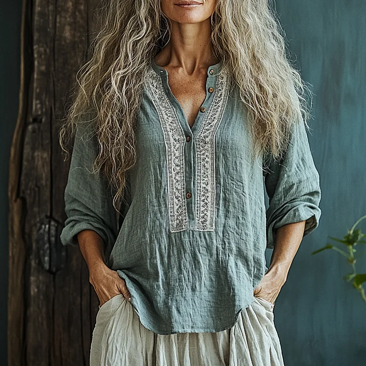 Women's Plain V-neck Linen Thin Three-quarter Sleeve Shirt