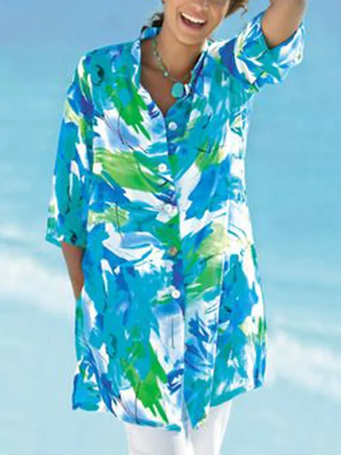 Casual Buttoned Floral Stand Collar Blouse Zaesvini