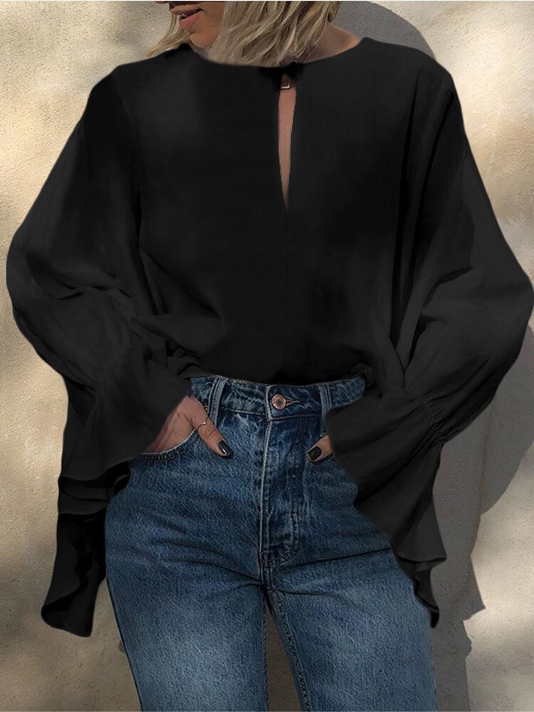 Solid Color Trumpet Sleeve O neck Blouse For Women P1675798
