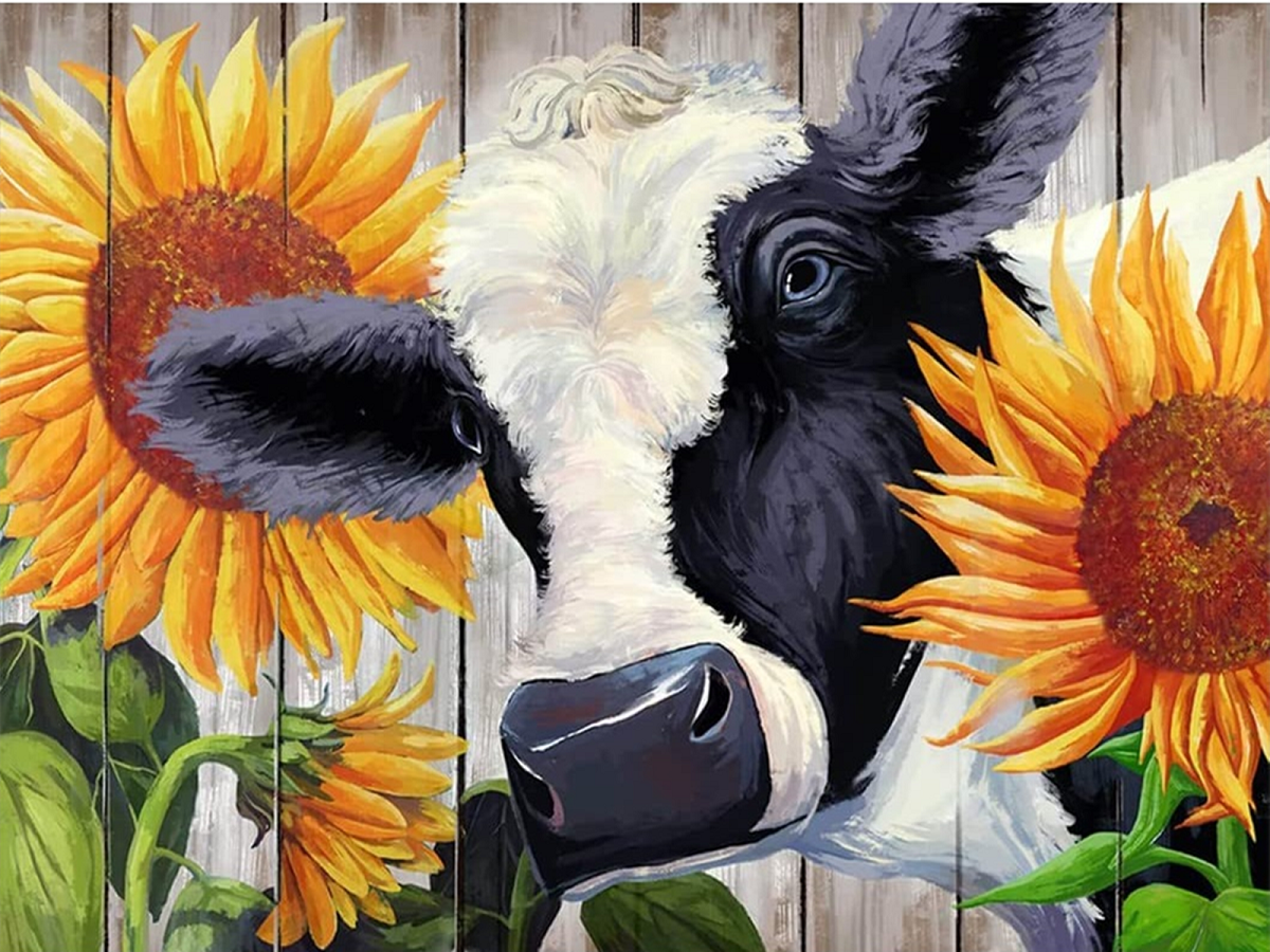 5D Diamond Painting Cow with a Sunflower Kit