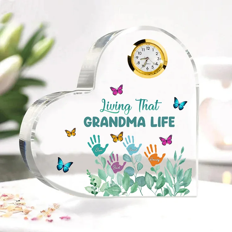 Personalized Heart-Shaped Acrylic Clock Keepsake Engraved 4 Names Heart Butterfly Ornament Grandparents' Day Gift for Mom Grandma