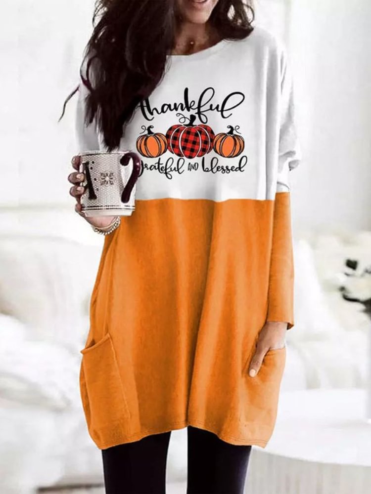 Halloween Pumpkin Print Colorblock Pocket Tunic