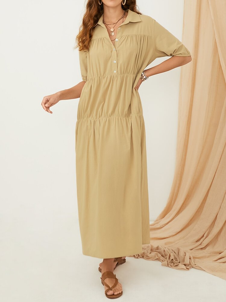 Half Sleeve Lapel Button Solid Color Maxi Women Dress - Shop Trendy Women's Clothing | LoverChic